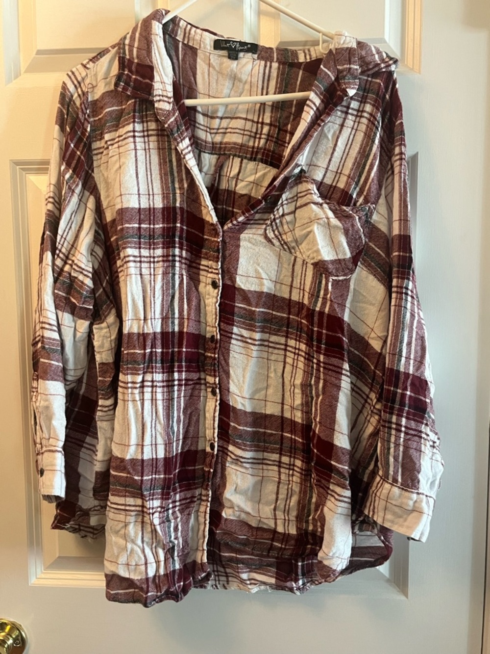 Velvet Heart Cream and Burgundy Plaid Button-Up Shirt